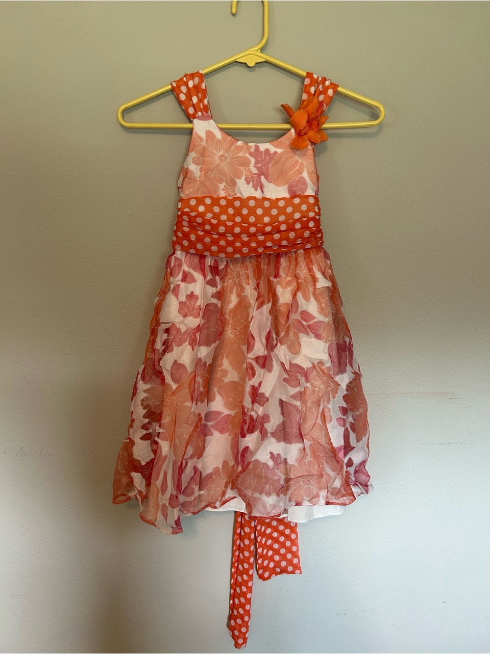 Bonnie Jean Orange Floral Layered Party Dress with Polka Dot tie